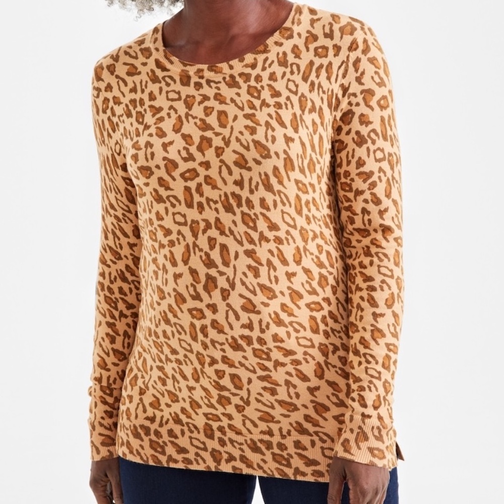 Style & Co Womens Large Fine Gauge Crewneck Sweater Animal Icy Coffee Tan LS